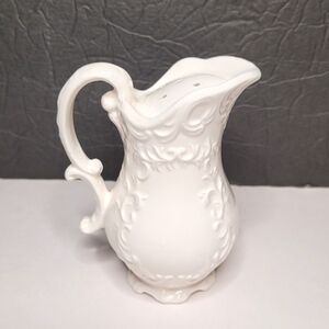 Vintage Ceramic Pitcher Salt Shaker Embossed Scroll Details